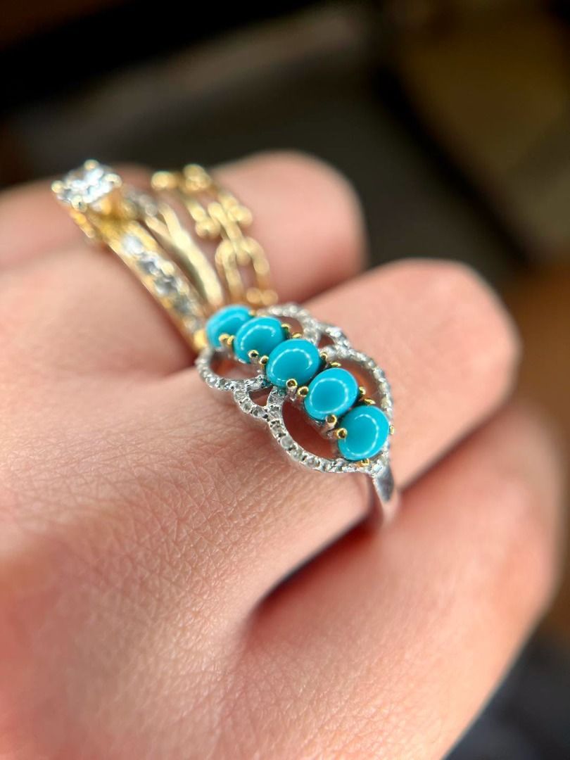 S7.5 Natural Turquoise & Diamond Ring (Category: Rings) located in Baguio. Submitted by asna_taku (Listing ID 1465478277, Image 2). Description: Natural Turquoise & Diamond Ring 💎💙 Natural Turquoise with Natural Diamonds in S925 Silver Setting ✨ AGA Jewelry Identification Certificate 💎 Natural turquoise — 0.87 cts 💎 Natural diamonds — approximately 0.14 ct total 💍 Bnew S925 silver, partially yellow-gold plated 🔹 Oval/cabochon turquoise ston