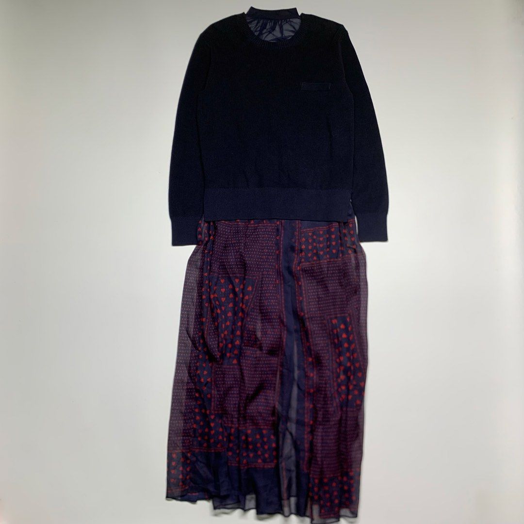 sacai luck - heart-docking dress (Category: Dresses) located in Manila. Submitted by shottas_21 (Listing ID 1465489347, Image 1). Description: sacai luck - heart-docking dress SIZE - 4 CONDITION - 9/10 FLAW - missing neck tag Made in japan 100% Polyester CHEST - 19” WAIST - 15” LENGTH - 50” SHOULDERS - 16” SLEEVE - 20”.