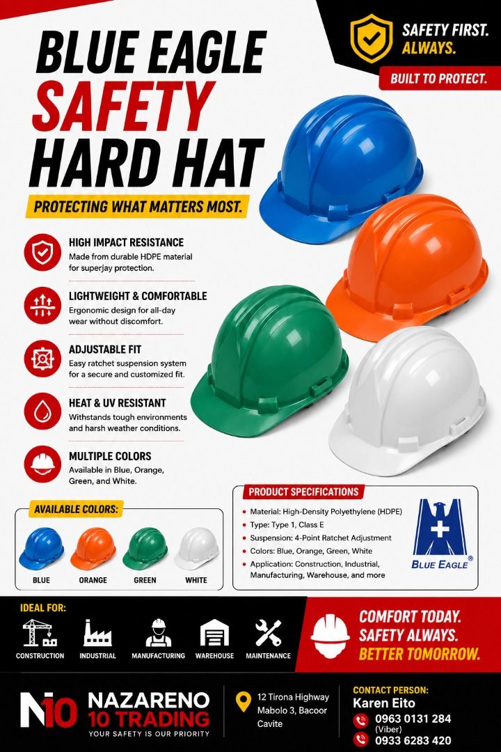 SAFETY HARD HAT BLUE EAGLE (Category: Looking For) located in Bacoor. Submitted by kajezame.2021 (Listing ID 1465438155, Image 1). Description: SAFETY HARD HAT BLUE EAGLE For More Details and Discount Contact Ms. Karen NAZARENO 10 TRADING 0963 0131 284 0933 6283 420 0956 7028 557 0933 8559 510 Landline: Look for Ms. Karen (046 ) 416 3920 Also available: • Traffic cone • Parking Block stopper • Hooded trash bin • Road Plastic Barrier • Spill boom 