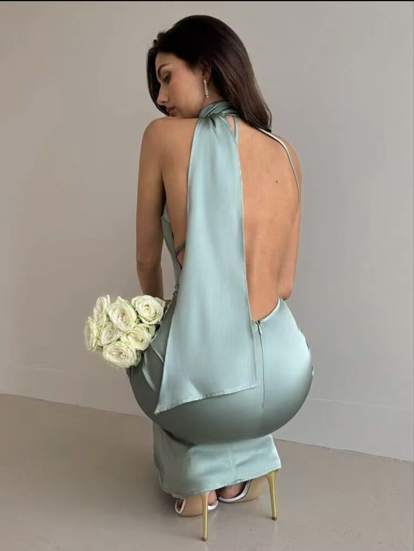 Sage Backless Satin Maxi Dress (Category: Evening dresses & gowns) located in Las Pinas. Submitted by unofashion (Listing ID 1465536298, Image 1). Description: Shein Sage Backless Dress with Neck Scarf Super nice fit, and looks really good when worn. Doesn't look like it's from Shein! Fits XXS-XS Had this altered slightly altered to fit my dimensions: Bust: 34in Waist: 24.5in Hips: 30.5in Minor flaw: the elastic for the buttons around the neck sn