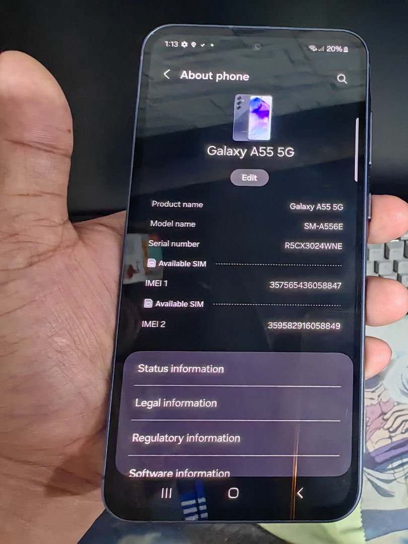 Samsung Galaxy A55 5G (Navy Blue) (Category: Samsung) located in Caloocan City. Submitted by nstnct22 (Listing ID 1465435122, Image 2). Description: 8gb ram 128gb rom camera: main 50 mp(triple) front 32mp slightly used, very presentable test/reset all you can UNIT ONLY paranaque/sucat/bicutan/las pinas area.