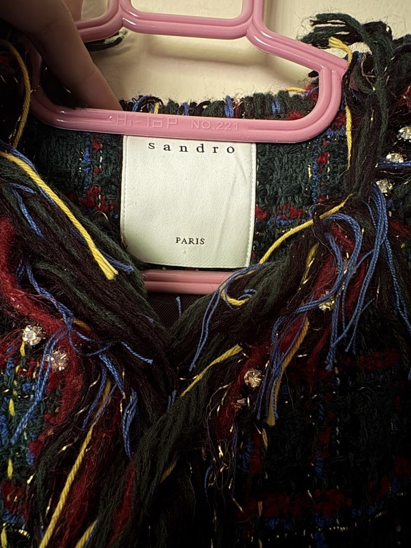 Sandro Paris tweed multicolored blazer (Category: Others Tops) located in Dagupan City. Submitted by starfits_ph (Listing ID 1465401359, Image 3). Description: Sandro tweed pattern blazer featuring standout fringed hem details. fits S-M fixed priced 🙏🏼 looks vv nice on person ccto first pic rfs: i need funds for my tuition ✅ video call.