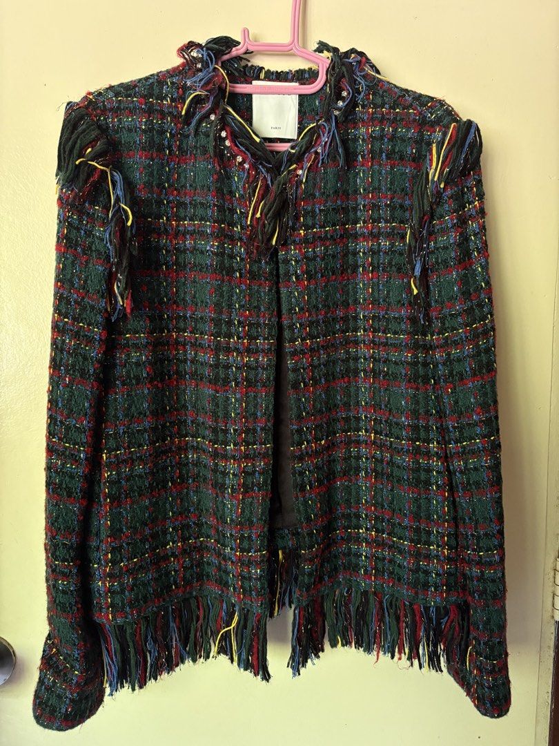 Sandro Paris tweed multicolored blazer (Category: Others Tops) located in Dagupan City. Submitted by starfits_ph (Listing ID 1465401359, Image 2). Description: Sandro tweed pattern blazer featuring standout fringed hem details. fits S-M fixed priced 🙏🏼 looks vv nice on person ccto first pic rfs: i need funds for my tuition ✅ video call.