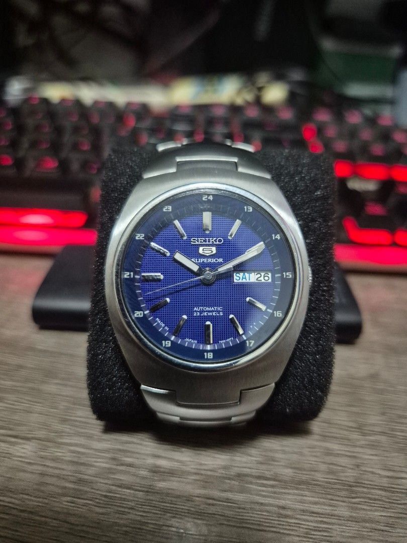 Seiko 5 Superior Automatic Blue Waffle Dial (Category: Men's Watches) located in Pasig City. Submitted by talehat (Listing ID 1465569698, Image 1). Description: Seiko 5 Superior Blue Waffle Dial Automatic Movement Sapphire Crystal Brushed cased and bracelet Display Case Back Signed Crown 100m water Resistance Wrist 6.75 in Condition 8.5/10 .