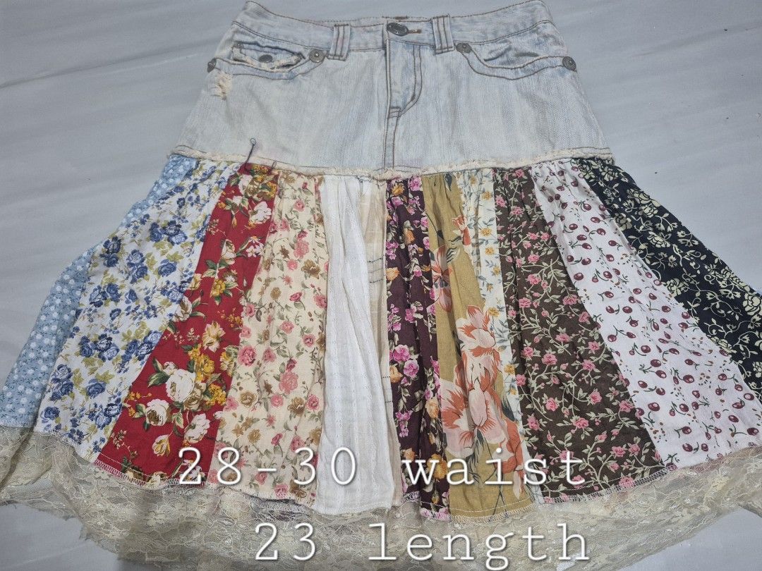 SET Boho Whimsy Lace Floral Top & Midi Denim Patchwork Skirt (Category: Sets or Coordinates) located in Calamba. Submitted by bb.lace (Listing ID 1465519208, Image 3). Description: skirt has color bleed, and visible stain (can request seller to wash before shipout if not rushed).