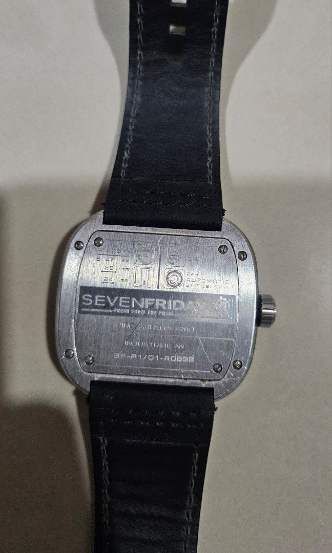 Seven Friday SF-P1/O1 (Category: Men's Watches) located in Davao. Submitted by xlierkz (Listing ID 1465413987, Image 3). Description: ⌚ SEVENFRIDAY SF-P1/01 Automatic • 47mm stainless steel case • Miyota 82S7 automatic movement • Iconic layered P-Series dial • Mineral crystal • 3 ATM water resistance • Black Leather strap Condition: Fairly Used ( Need polishing) Inclusions: Watch and strap only (No box/papers) rfs: So many extra watches Price: ₱3