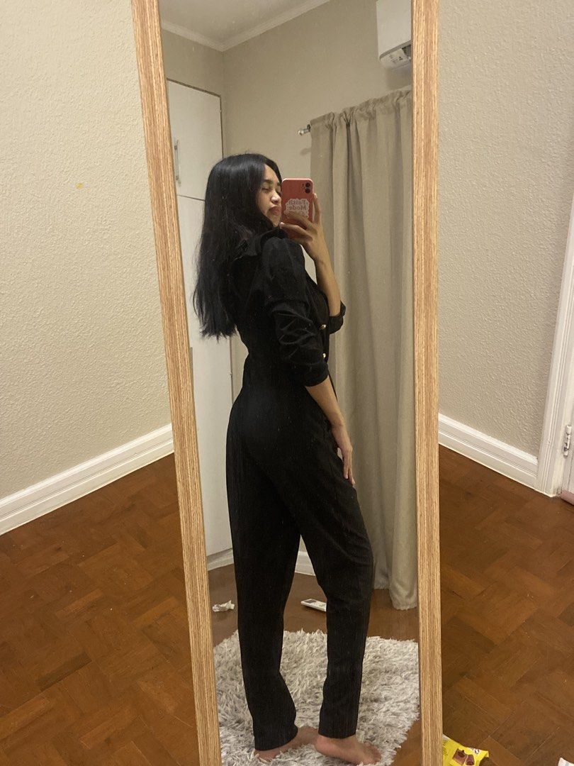 Shein Black Blazer Jumpsuit Size M (Category: Jumpsuits) located in Manila. Submitted by charleneka32549 (Listing ID 1465437152, Image 3). Description: - Brand/Style: Shein Black Blazer Jumpsuit - Size: M (EU 38, US 6) - Design: Double-breasted front with gold-toned buttons, lapel collar, and trendy puff shoulders - Fit: Long sleeves, straight-leg pants, and convenient back zipper closure - Condition/Look: Great tailored look, perfect hassle-free