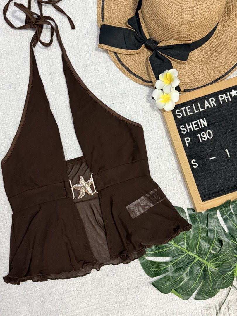 SHEIN Brown Mesh Halter Top (Category: Others Tops) located in Manila. Submitted by camillestc (Listing ID 1465533098, Image 1). Description: Perfect for beach/summer.