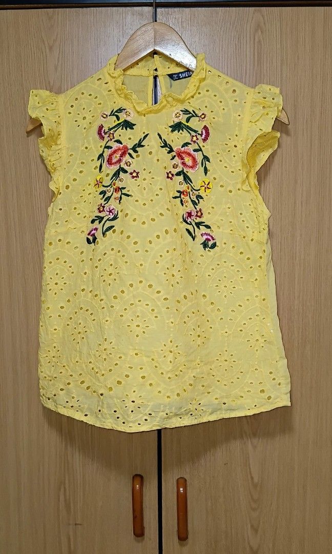 SHEIN EYELET EMBROIDERED TOP (Category: Blouses) located in Cebu City. Submitted by cebuanamomshies (Listing ID 1465392215, Image 3). Description: S-M Frill sleeves Eyelet front Embroidered.