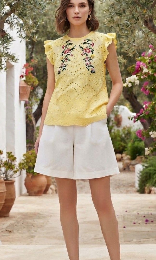 SHEIN EYELET EMBROIDERED TOP (Category: Blouses) located in Cebu City. Submitted by cebuanamomshies (Listing ID 1465392215, Image 2). Description: S-M Frill sleeves Eyelet front Embroidered.