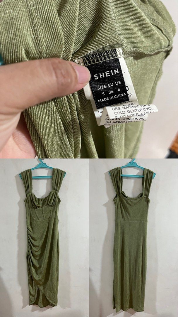 SHEIN Olive Green Midi Dress (Category: Dresses) located in Caloocan City. Submitted by iamqwertyy (Listing ID 1465486095, Image 1). Description: - Brand/Model: SHEIN olive green midi dress - Size: S (fits EU 36 / US 4) - Material: Stretchy shimmering fabric - Condition: Worn once, still in great shape.