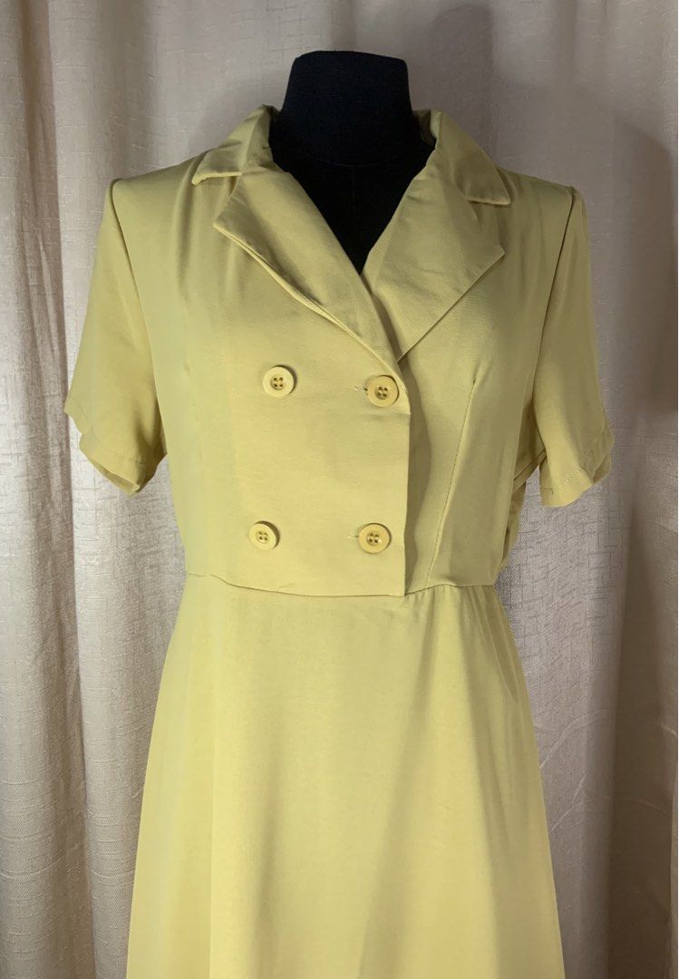 Short Sleeve Double Breasted Dress (Category: Dresses) located in Cainta. Submitted by vestito_bestida (Listing ID 1465440262, Image 3). Description: ⛔️ACTUAL PHOTO POSTED⛔️ 👉 Brandnew 👉 BKK 👉 Size: free size 👉 Waist: 26" to 34" 👉 Length: 36" 👉 Color: yellow 👉 Lapel collar, short sleeves, and double-breasted button front 👉 Elastic waistband at the back for a flattering, gathered shape 👉 Knee-length flare skirt 👉 Lightweight and comforta
