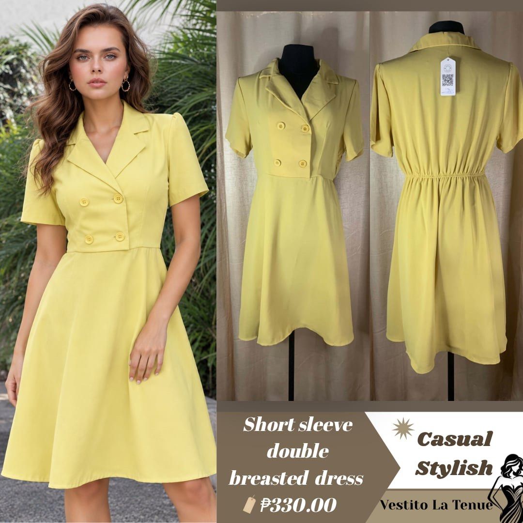 Short Sleeve Double Breasted Dress (Category: Dresses) located in Cainta. Submitted by vestito_bestida (Listing ID 1465440262, Image 1). Description: ⛔️ACTUAL PHOTO POSTED⛔️ 👉 Brandnew 👉 BKK 👉 Size: free size 👉 Waist: 26" to 34" 👉 Length: 36" 👉 Color: yellow 👉 Lapel collar, short sleeves, and double-breasted button front 👉 Elastic waistband at the back for a flattering, gathered shape 👉 Knee-length flare skirt 👉 Lightweight and comforta
