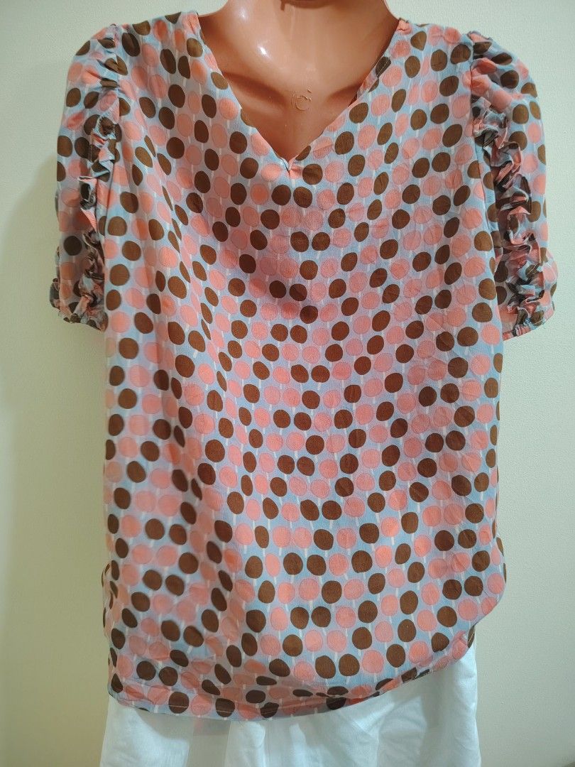 Short Sleeve Ruffle Blouse Polka Dot Pattern (Category: Blouses) located in Quezon City. Submitted by timelesstreasure117 (Listing ID 1465550391, Image 3). Description: Can fit from small to medium Good condition but missing button at the back.. Easily replaced. 🙂 ₱70 Bundle with my other top listings to get discount 5 for ₱300 10 for ₱500 Buyer books courier of choice Payment via gcash or paymaya.