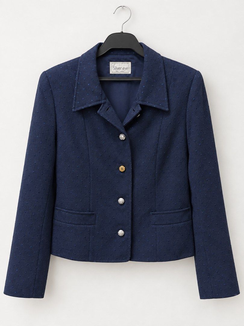 Silver eye navy blue textured buttoned blazer (Category: Coats, Jackets and Outerwear) located in Malabon City. Submitted by ynaboomboom (Listing ID 1465533763, Image 1). Description: - Brand: Silver Eye - Color: Navy blue - Material: Textured fabric with tiny raised dots - Design: Classic lapel collar, long sleeves, and fully lined interior - Closure: Front button closure with 3 silver-toned buttons and 1 distinct gold-toned middle button - Pock