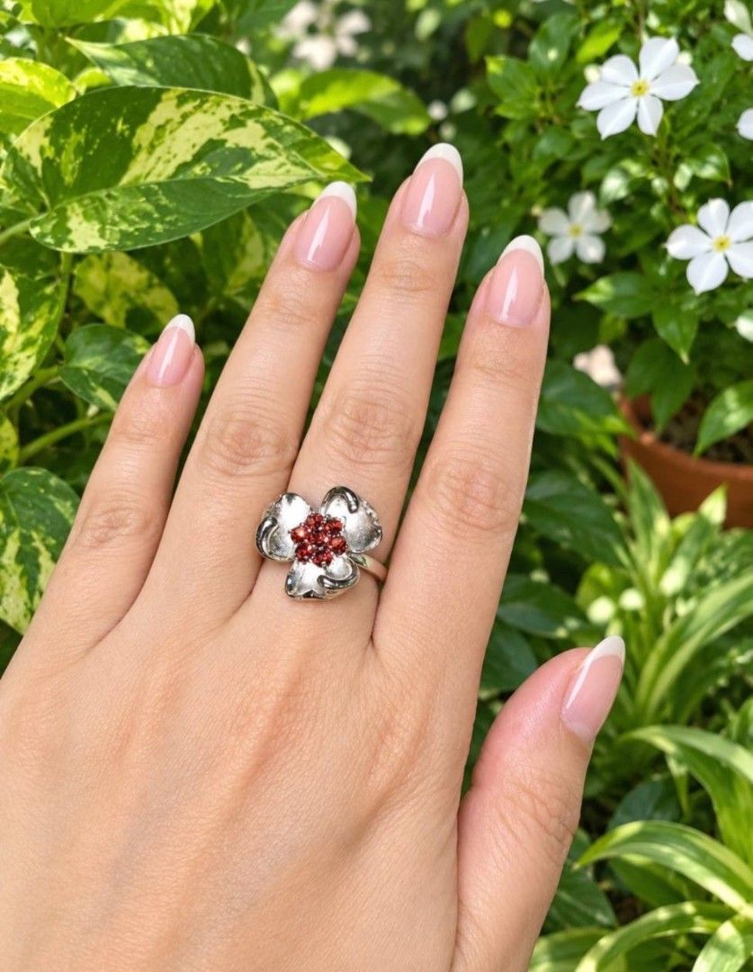 Silver Flower Ring with Garnet Gemstones (Category: Rings) located in Santa Rosa. Submitted by crystal1.0 (Listing ID 1465482194, Image 1). Description: - Design: Silver-tone ring shaped like a four-leaf clover or flower - Centerpiece: Cluster of deep red round gemstones - Finish: Brushed metal finish on petals with a slim band - Versatility: Pretty statement piece suitable for everyday wear or special occasions.