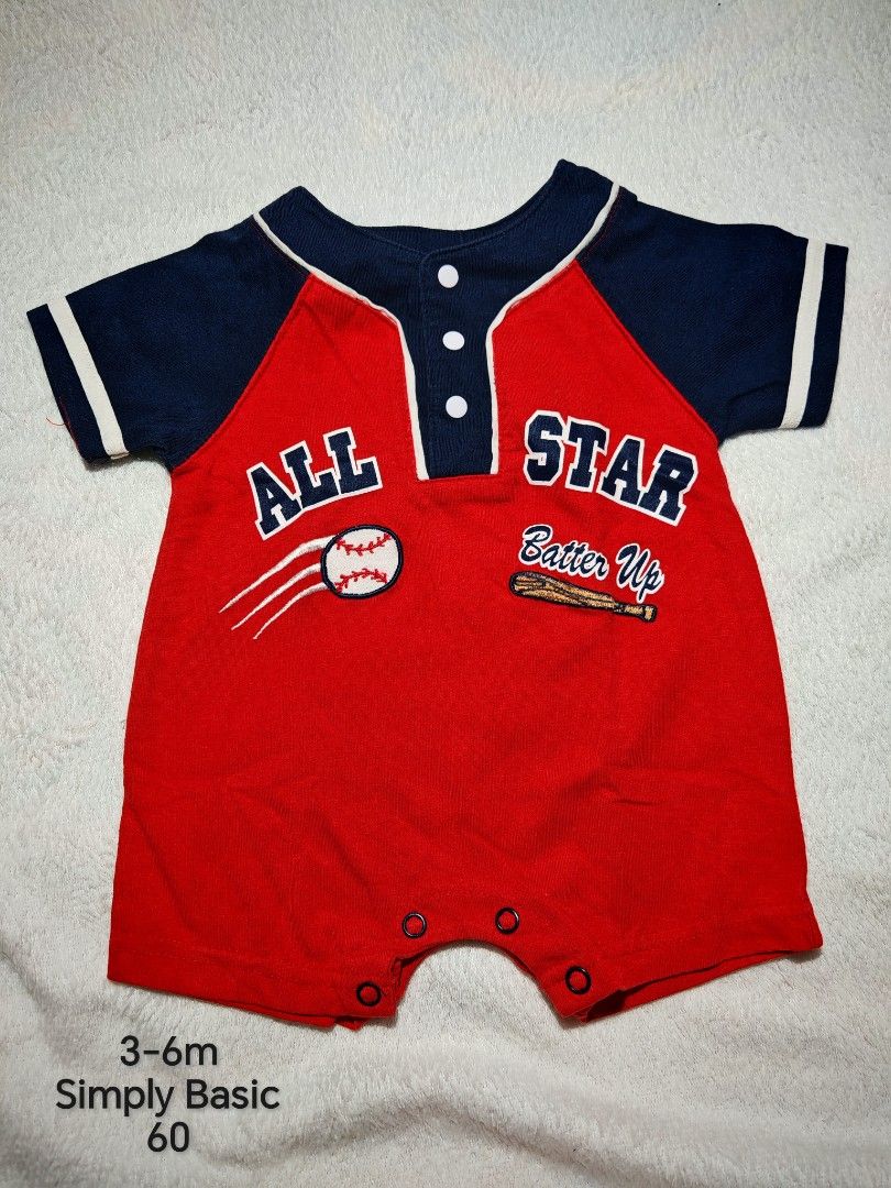 Simply Basic Baseball All Star Baby Romper 3-6m (Category: Babies & Kids Fashion) located in Quezon City. Submitted by maypamor (Listing ID 1465463200, Image 1). Description: - Brand: Simply Basic - Size: 3-6 months - Design: Red & blue baseball theme with 'ALL STAR' and 'Batter Up' graphics - Material: Soft and comfortable cotton - Features: Short sleeves with white piping, front placket and bottom snap buttons for hassle-free diaper changes - C