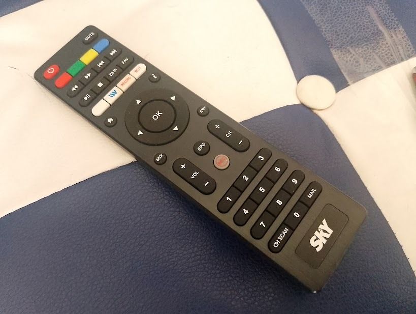 SKY Skyworth Digibox Remote Control (Category: TV Parts & Accessories) located in Quezon City. Submitted by susmaryosep1 (Listing ID 1465460626, Image 1). Description: - Genuine SKY remote control compatible with Skyworth digibox and MySky service - Dark grey plastic body with standard number pad, navigation buttons, and CH SCAN feature - Includes a helpful tag with troubleshooting steps for blank screens, no signal, and missing channels - Guaran
