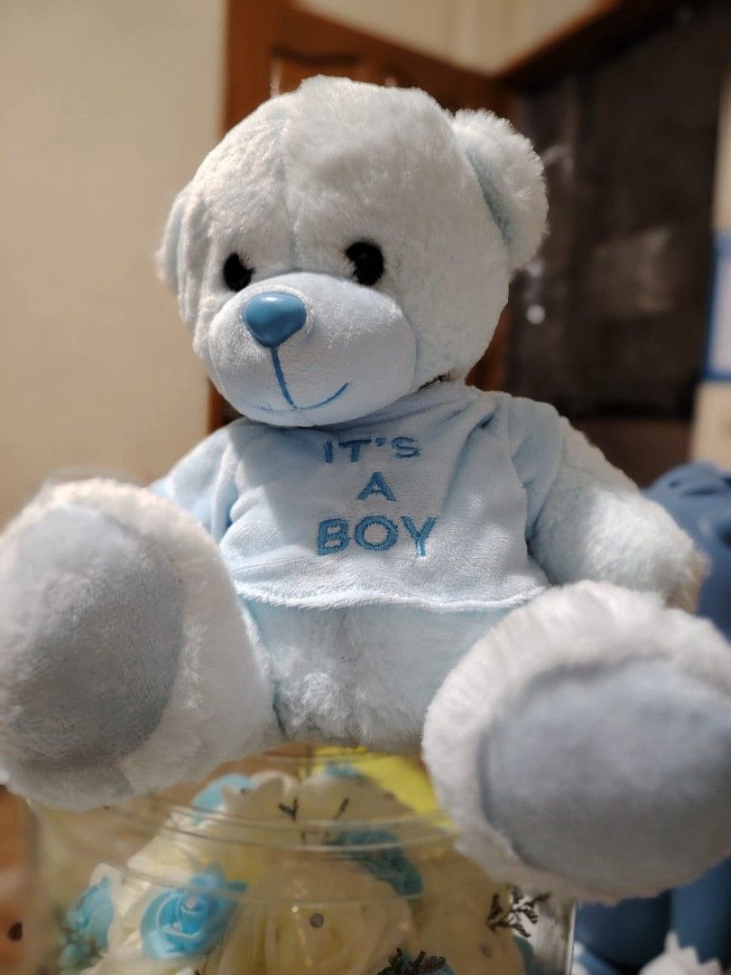 Small Blue It's A Boy Teddy Bear Plush Toy (Category: Plushies & Soft Toys) located in Manila. Submitted by justybelieve2026 (Listing ID 1465496687, Image 2). Description: Light blue teddy bear wearing a matching shirt. Embroidered lettering reads It's A Boy on the front. Soft plush material, plastic blue nose and dark button eyes. Sits upright nicely. Clean and fluffy condition. 11 inches.
