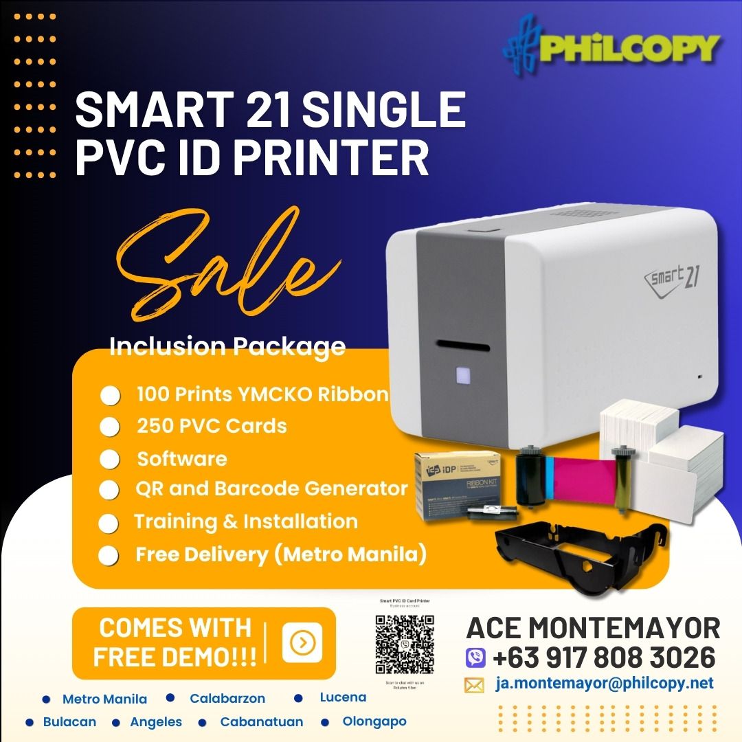 Smart 21 Single PVC ID Printer Sale (Category: Printers, Scanners & Copiers) located in Quezon City. Submitted by kingacedgreat_72 (Listing ID 1465401691, Image 1). Description: - Smart 21 Single PVC ID Printer - Complete Package - Includes 100-print YMCKO ribbon and 250 PVC cards - Comes with ID software, QR, and barcode generator - FREE delivery, installation, and training within Metro Manila - FREE product demo available - For inquiries, conta