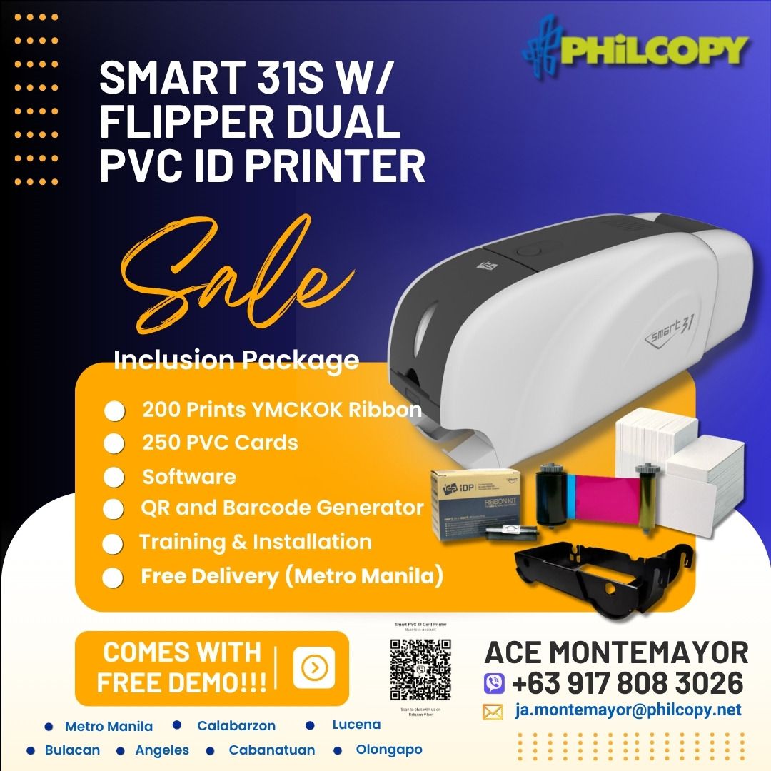 Smart 31S w/ Flipper Dual PVC ID Printer (Category: Printers, Scanners & Copiers) located in Quezon City. Submitted by kingacedgreat_72 (Listing ID 1465403792, Image 1). Description: - Complete Smart 31S with Flipper dual-sided PVC ID printer bundle - Includes 200 prints YMCKOK ribbon and 250 PVC cards - Comes with ID software plus QR and barcode generator - FREE delivery, installation, and training within Metro Manila - Free demo available upon 