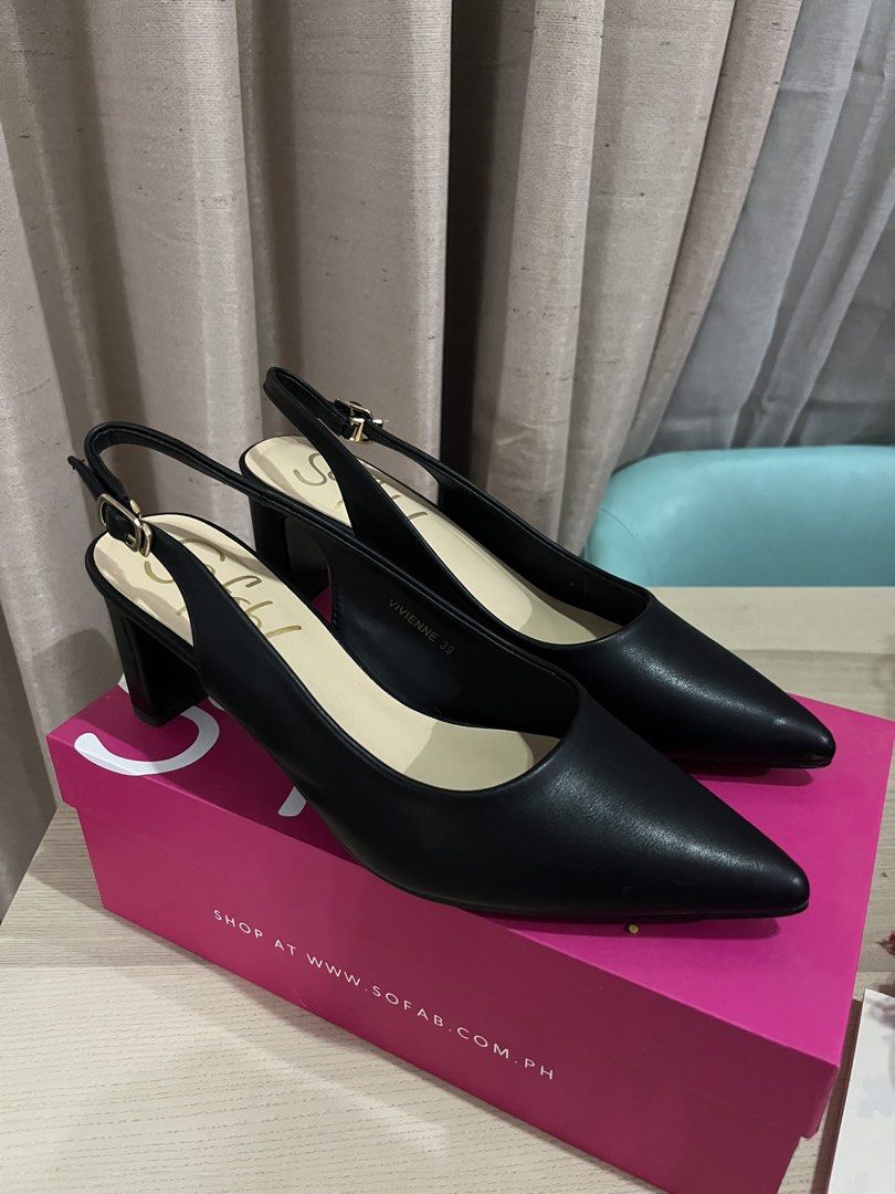 Sofab Black Vivienne Heels Size 39 (Category: Heels) located in Mandaue City. Submitted by zinniaxclaire (Listing ID 1465540823, Image 1). Description: - Brand: Sofab - Style: Vivienne slingback heels with chunky block heel and pointed toe - Color: Black - Size: 39 - Details: Adjustable ankle strap with gold-tone buckle - Inclusions: Original pink branded shoebox, protective dust wrapping, and retail tag (1,499 PHP) - used during graduation rites