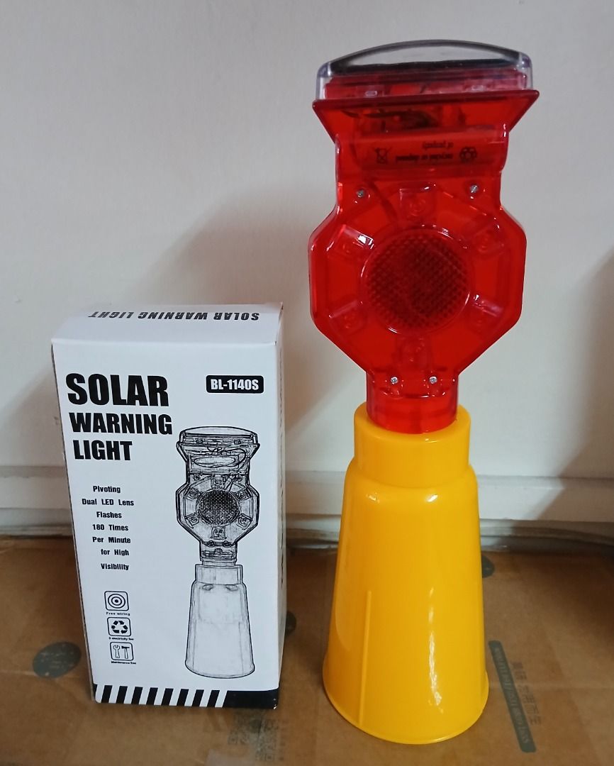 Solar Barricade Light LED Flashing Traffic Warning Light for Cone (Category: Industrial Equipment) located in Manila. Submitted by bellenn (Listing ID 1465403418, Image 3). Description: Model: BL-1140S Size: 12 inches x 3.5 inches Solar Panel: 5V,0.3W Battery:2.4V/800mAh Working times: 60FPM LED: Dia 5mm, 6pcs Visual distance: >800m Waterproof: IP54 Pivoting Dual LED lens flashes 180 times per minute for high visibility Perfect for marking roadwa
