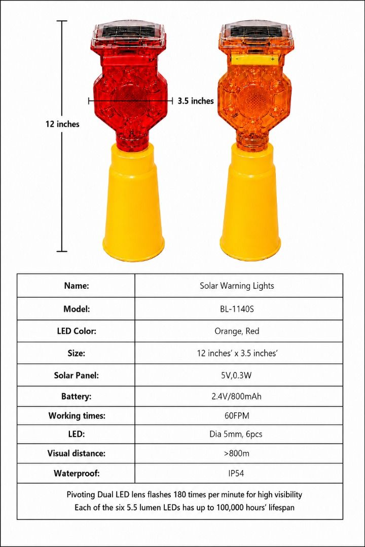 Solar Barricade Light LED Flashing Traffic Warning Light for Cone (Category: Industrial Equipment) located in Manila. Submitted by bellenn (Listing ID 1465403418, Image 1). Description: Model: BL-1140S Size: 12 inches x 3.5 inches Solar Panel: 5V,0.3W Battery:2.4V/800mAh Working times: 60FPM LED: Dia 5mm, 6pcs Visual distance: >800m Waterproof: IP54 Pivoting Dual LED lens flashes 180 times per minute for high visibility Perfect for marking roadwa