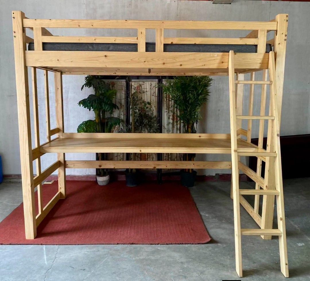 Space saver loftbed (Category: Bed Frames & Mattresses) located in Meycauayan. Submitted by marygracecasimiro (Listing ID 1465451729, Image 3). Description: SOLID WOOD‼️ Space-Saving Wooden Loft Bed / High Deck w/ built-in full-width STUDY DESK underneath & a matching detached ladder NITORI mattress included 83”L x 41”W x 72”H Php 22,500💚💚.