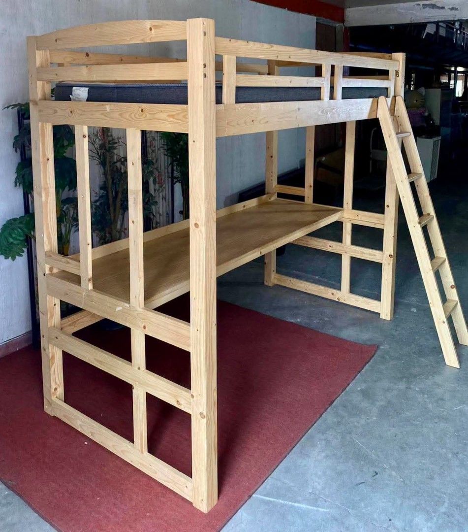 Space saver loftbed (Category: Bed Frames & Mattresses) located in Meycauayan. Submitted by marygracecasimiro (Listing ID 1465451729, Image 2). Description: SOLID WOOD‼️ Space-Saving Wooden Loft Bed / High Deck w/ built-in full-width STUDY DESK underneath & a matching detached ladder NITORI mattress included 83”L x 41”W x 72”H Php 22,500💚💚.
