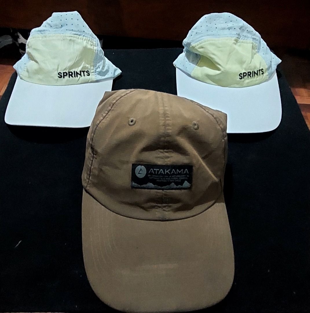 Sprints Running Caps and Atakama Brown Cap Bundle (Category: Caps & Hats) located in Legazpi City. Submitted by street_uniform (Listing ID 1465544578, Image 1). Description: - 180 each. - Bundle of 3 stylish and versatile caps - 2x Sprints running caps: light blue and yellow, breathable dot pattern, white brim - 1x Atakama baseball cap: brown with dark front patch and adjustable back strap - Structured design suitable for sports, workouts, or dai