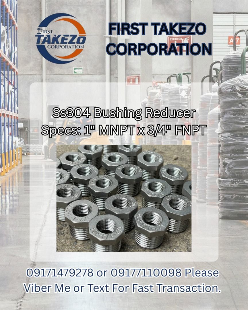 Ss304 Bushing Reducer Specs: 1" MNPT x 3/4" FNPT (Category: Construction Tools & Equipment) located in Manila. Submitted by joeyroque09 (Listing ID 1465385779, Image 1). Description: Ss304 Bushing Reducer Specs: 1" MNPT x 3/4" FNPT.