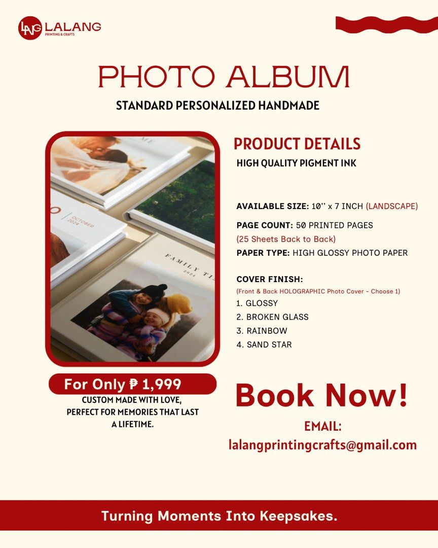 Standard Handmade Photo Album (Category: Handmade Craft) located in Angeles City. Submitted by lalangprintingandcrafts (Listing ID 1465548642, Image 1). Description: 📸 Gagawan natin ng magandang alaala ang mga special moments mo! 🤍 ✂️ Custom Handmade Photo Albums & Premium Photo Printing 🎓 Graduation • 💍 Wedding • 👶 Baby • ✈️ Travel.