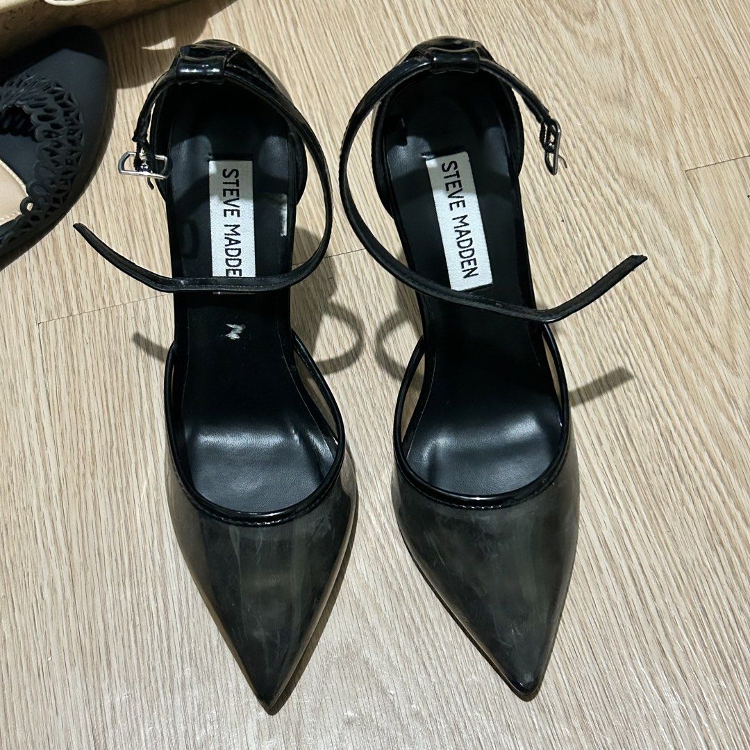 Steve Madden Black Pointed Toe Stiletto Heels (Category: Heels) located in Dasmarinas. Submitted by lunabobbie (Listing ID 1465480065, Image 1). Description: - Brand: Steve Madden - Color: Classic Black - Style: Pointed toe stiletto heels with clear side panels - Closure: Thin ankle strap with buckle - Condition: Excellent / Well-maintained - Perfect for: Evening wear, parties, and formal occasions - Meet-ups and shipping available across PH.