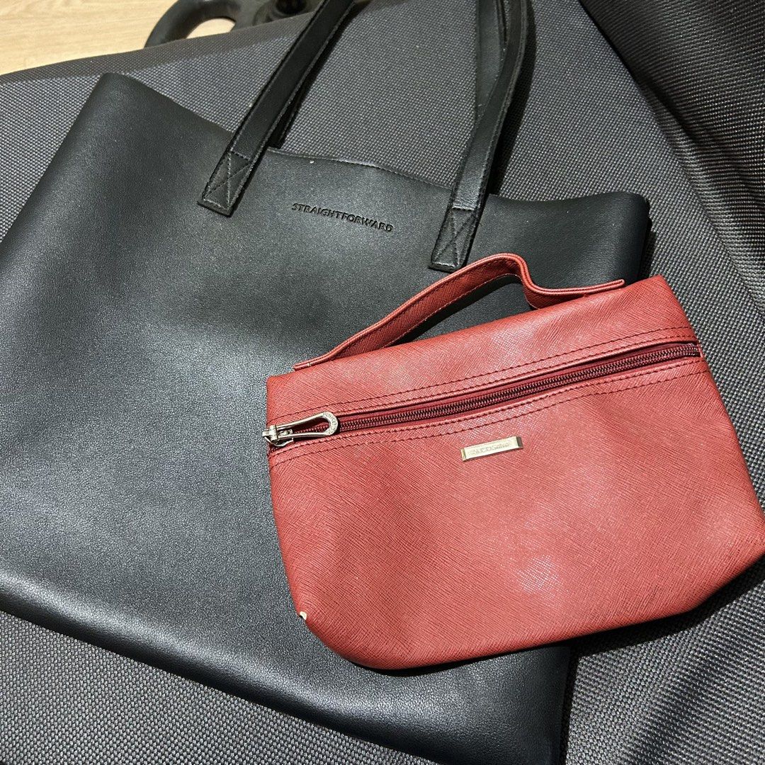 Straightforward Black Tote Bag with Secosana Red Pouch (Category: Tote Bags) located in Dasmarinas. Submitted by lunabobbie (Listing ID 1465478965, Image 1). Description: BUY 2 ITEMS AND GET THIS FOR FREE! - Straightforward Black Tote Bag: Includes double straps and a simple open interior pocket - Secosana Pouch: Matching dark red pouch with a front zipper pocket and short handle strap .