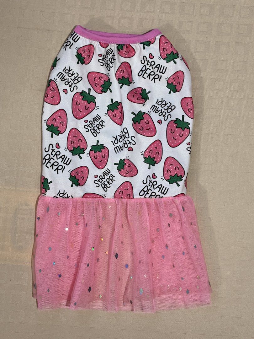 Strawberry Print Dog Dress (Category: Homes & Other Pet Accessories) located in Marikina City. Submitted by _bananahanaa (Listing ID 1465490911, Image 1). Description: - fits shih-tzus or other small dogs - once used only - breathable fabric.