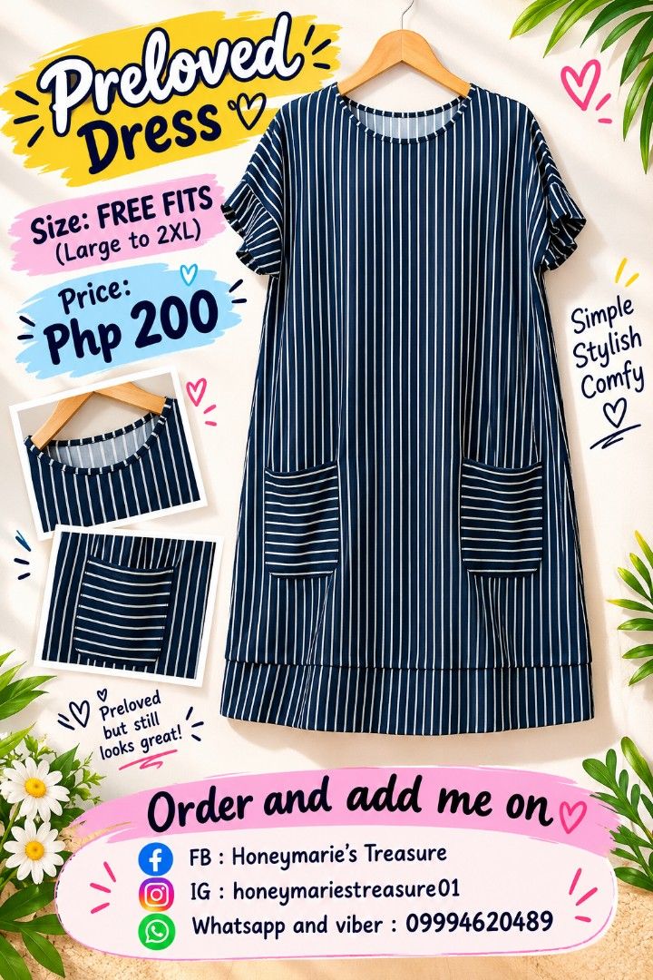 Stripe blue dress (Category: Dresses) located in Bacolod City. Submitted by yannamarie (Listing ID 1465450969, Image 1). Description: - Navy blue dress with chic vertical white stripes - Comfortable round neckline and cute short ruffled sleeves - Features 2 convenient front pockets with horizontal stripe detail - Relaxed fit, perfect for everyday casual wear - Size: Fits Large up to 2XL.