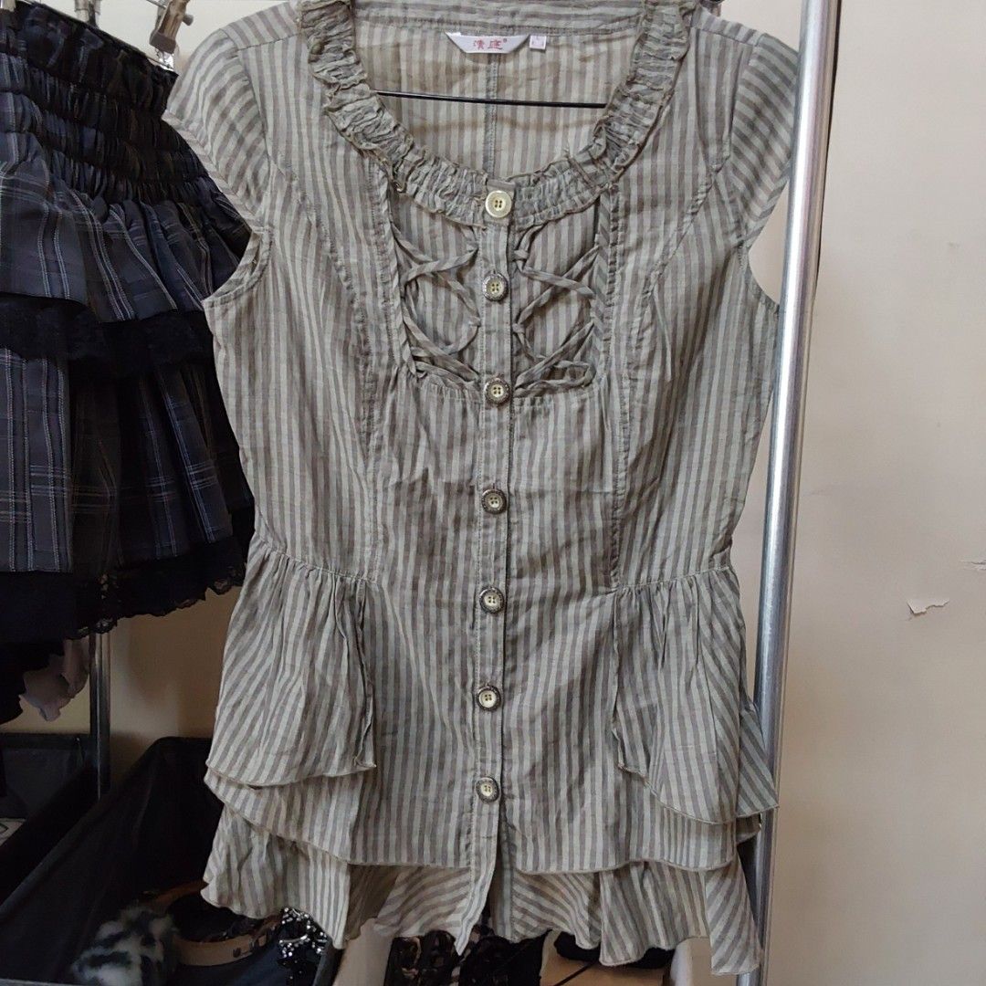 Striped shortsleeve blouse (Category: Blouses) located in Magarao. Submitted by cinabonthrifts (Listing ID 1465450656, Image 1). Description: Cute details! Size: s-m MOP: Gcash MOD: Jnt.