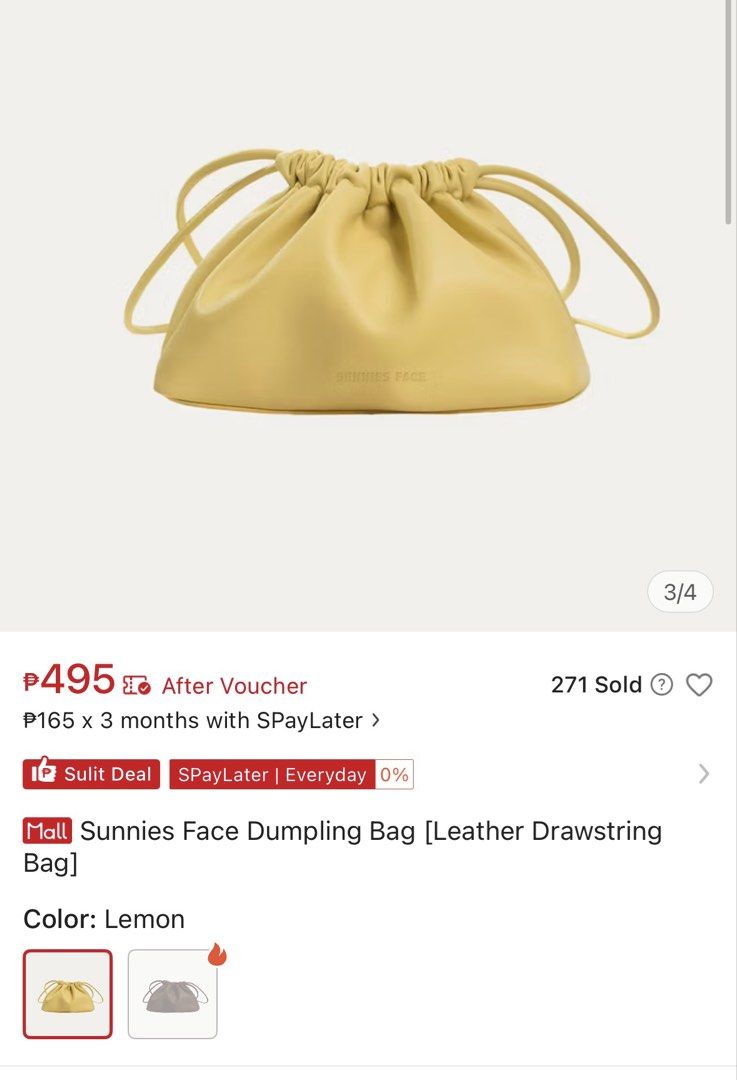 Sunnies Face Dumpling Bag Leather Drawstring Lemon (Category: Shoulder Bags) located in Manila. Submitted by ralphyyyy (Listing ID 1465413815, Image 2). Description: - Brand/Model: Sunnies Face Dumpling Bag - Color: Lemon (bright yellow shade) - Material: Soft leather - Closure: Drawstring design - Size: Compact, perfect for everyday essentials - Condition: Brand new / Excellent - Mode of Payment: GCash, BPI, or Bank Transfer - Shipping: Via J&T 