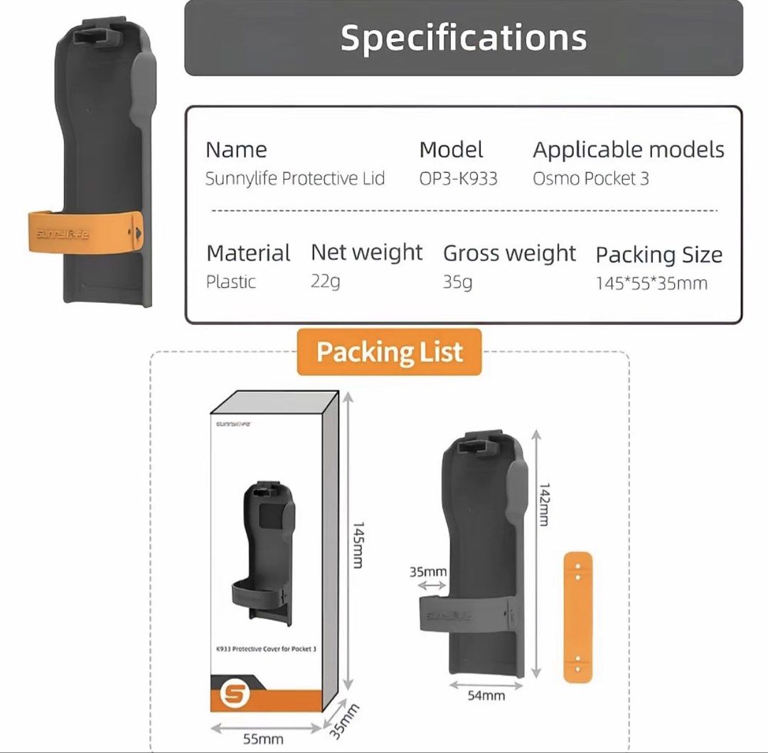Sunnylife Protective Lid for DJI Osmo Pocket 3 (Category: Cases & Sleeves) located in Muntinlupa City. Submitted by alyssuh_ (Listing ID 1465397748, Image 3). Description: - Brand/Model: Sunnylife OP3-K933 protective lid - Compatibility: Specifically made for DJI Osmo Pocket 3 - Material & Color: Durable black plastic - Protection: Keeps your gimbal safe and secure during transport and storage - Extras: Includes a handy orange strap - Dimensions: