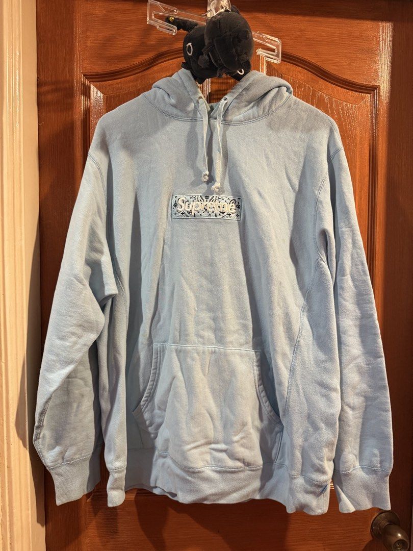 Supreme bandana box logo (Category: Hoodies) located in Quezon City. Submitted by djrakrakantodamax (Listing ID 1465485467, Image 1). Description: - Authentic Supreme Bandana Box Logo Hoodie - Color: Light Blue with Paisley Box Logo - Size: Large (fits true to size) - Material: Heavyweight cotton fleece, Made in Canada - Features: Drawstring hood and front kangaroo pocket - Condition: Excellent streetwear staple - Meet-ups or shipping available a