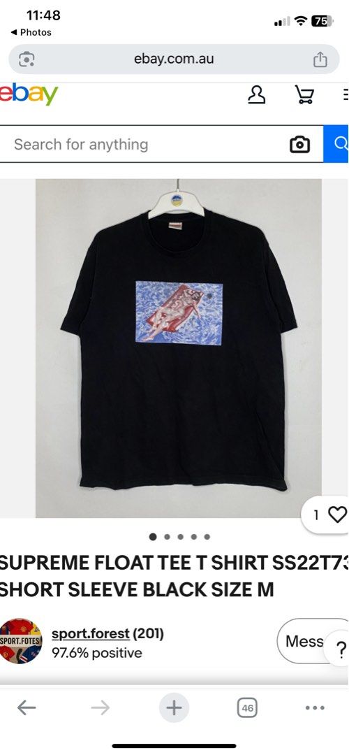 SUPREME FLOAT TEE (Authentic) (Category: Activewear) located in Cagayan de Oro. Submitted by ansasalab39908 (Listing ID 1465528273, Image 2). Description: Size XL (W24x 31.5) Condition: goodcondition Color rate:9.2/10 Flaws: chip print .