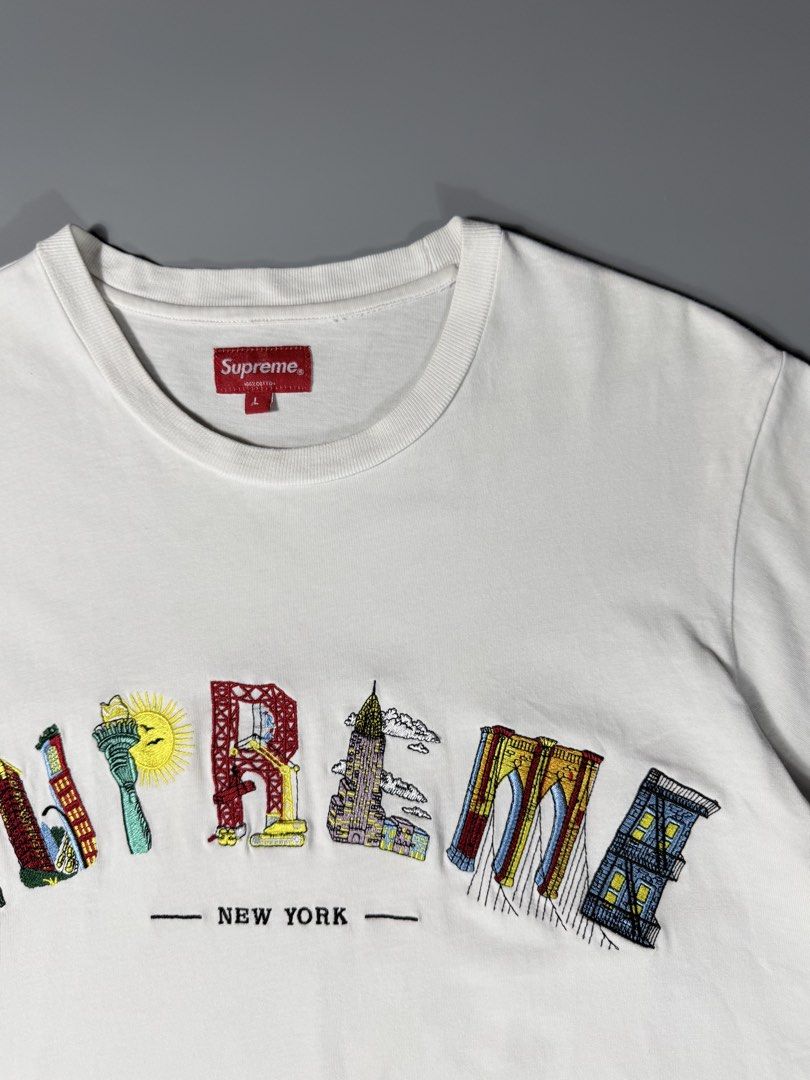 Supreme New York Arc City Embroid Tee White (Category: Tshirts & Polo Shirts ) located in Manila. Submitted by whowearsstreetwear (Listing ID 1465525992, Image 3). Description: Supreme New York Arc City Embroid Tee White (Authentic) - Size: Large (measurements in inches) W - 21.5 L - 29 Condition: Excellent Flaw/s: need lightwash only + shipping fee Location: Manila (Near UST).