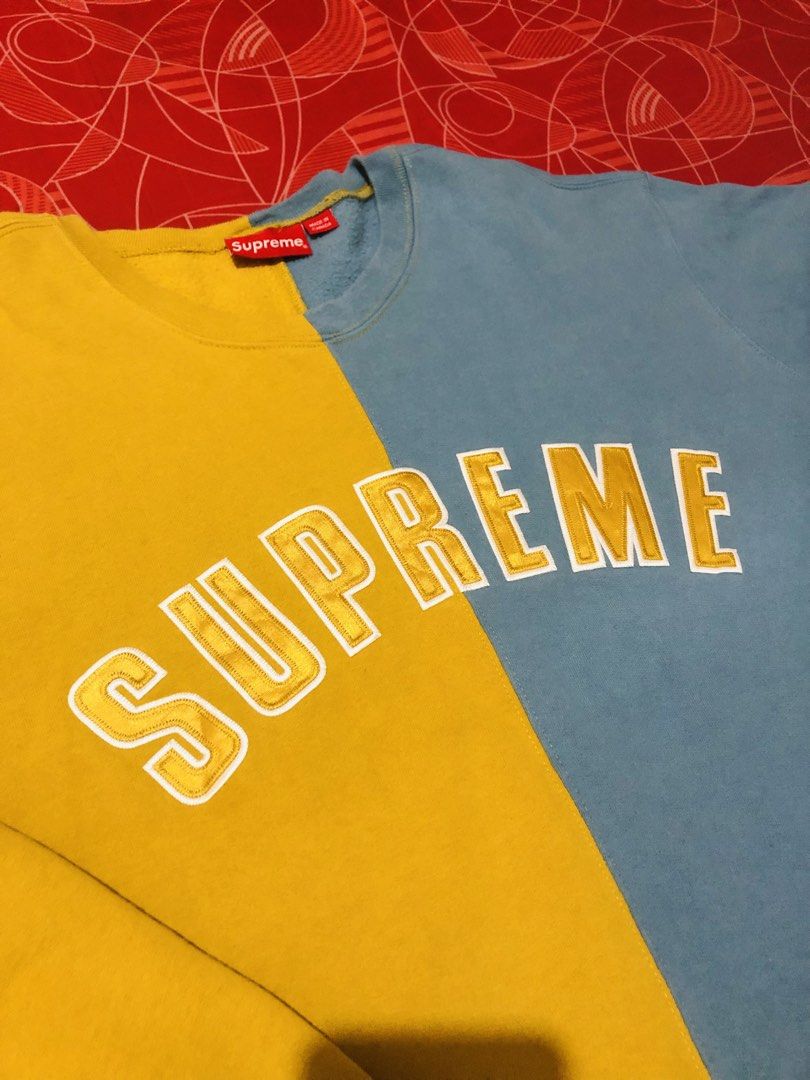 Supreme Split Crewneck Sweatshirt Yellow Blue XL (Category: Coats, Jackets and Outerwear) located in Manila. Submitted by gobvs222 (Listing ID 1465464851, Image 2). Description: Supreme crewneck sweatshirt in yellow and blue split colorway. Size XL, made in Canada. Big embroidered Supreme lettering arched across the front. Small box logo tag on the sleeve cuff. Heavyweight cotton fleece material. Warm, cozy, and stands out..