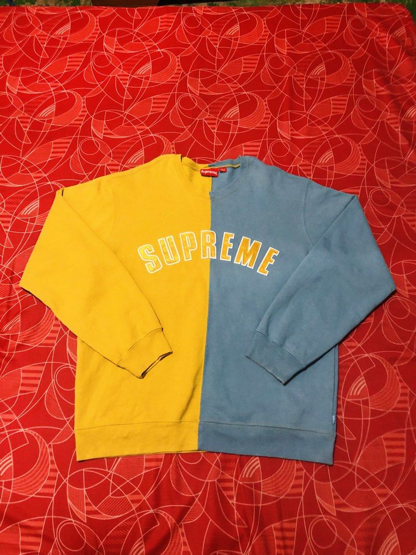 Supreme Split Crewneck Sweatshirt Yellow Blue XL (Category: Coats, Jackets and Outerwear) located in Manila. Submitted by gobvs222 (Listing ID 1465464851, Image 1). Description: Supreme crewneck sweatshirt in yellow and blue split colorway. Size XL, made in Canada. Big embroidered Supreme lettering arched across the front. Small box logo tag on the sleeve cuff. Heavyweight cotton fleece material. Warm, cozy, and stands out..