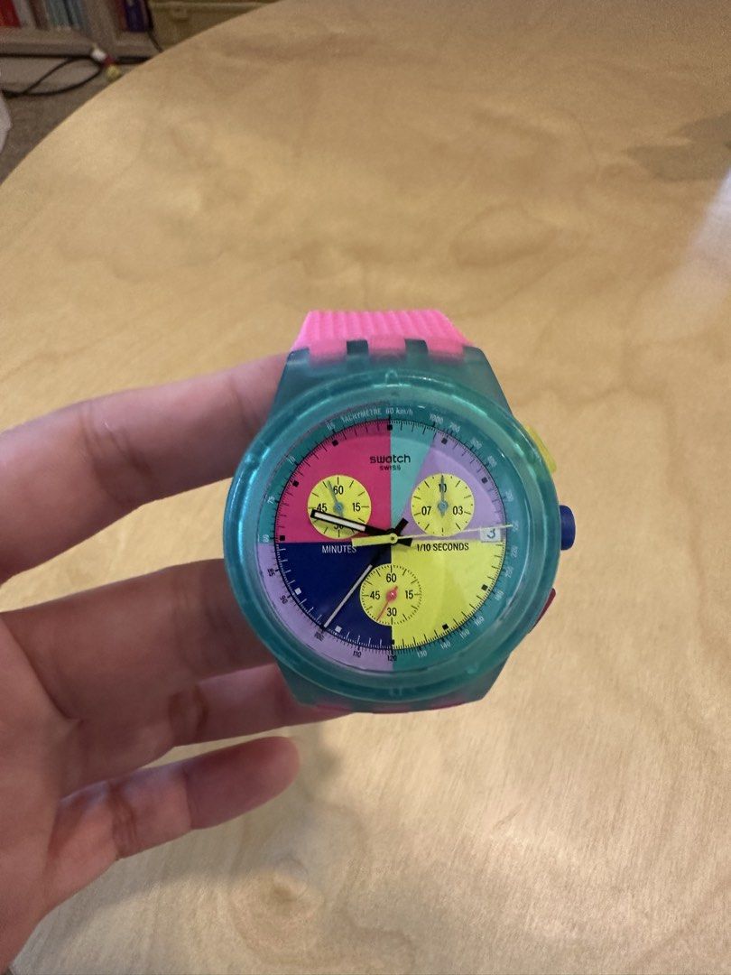 Swatch Chrono Flash Arrow SCL100 Multicolor Watch (Category: Women's Watches) located in Pasig City. Submitted by cosmicjuice08 (Listing ID 1465386944, Image 3). Description: Barely worn and still in like-new condition. - Model: Swatch Chrono SUSG408 - Condition: Brand new, unworn with original box set and paperwork dated Feb 2025 - Dial: Colorful multi-tone design with yellow sub-dials and tachymeter bezel .