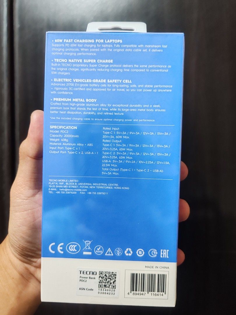 Techno Powerbank 20,000 mah Fast Charging (Category: Batteries & Power Banks) located in Makati City. Submitted by wisemanshop (Listing ID 1465525897, Image 2). Description: check the details on the box brand new genuine fast charging .