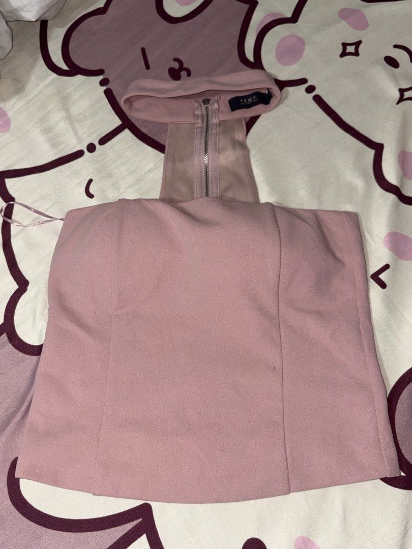TEMT Pink Halter Neck Zip Back Crop Top (Category: Sleeveless) located in Lapu Lapu. Submitted by cecillia07 (Listing ID 1465418504, Image 3). Description: TEMT halter neck crop top in pastel pink. High collar design with a front cutout panel and sheer mesh insert. Full-length silver zipper closure running down the back. Structured fabric with panel seams on the front bodice. Lighter pink lining inside..