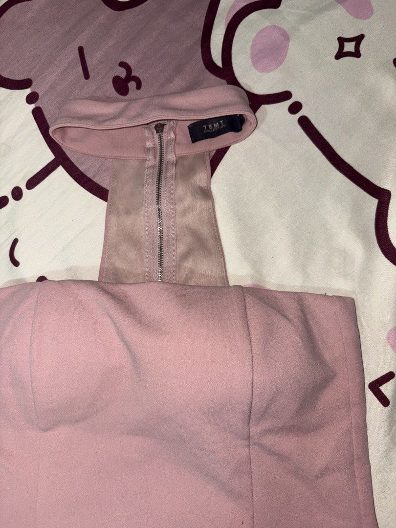 TEMT Pink Halter Neck Zip Back Crop Top (Category: Sleeveless) located in Lapu Lapu. Submitted by cecillia07 (Listing ID 1465418504, Image 2). Description: TEMT halter neck crop top in pastel pink. High collar design with a front cutout panel and sheer mesh insert. Full-length silver zipper closure running down the back. Structured fabric with panel seams on the front bodice. Lighter pink lining inside..