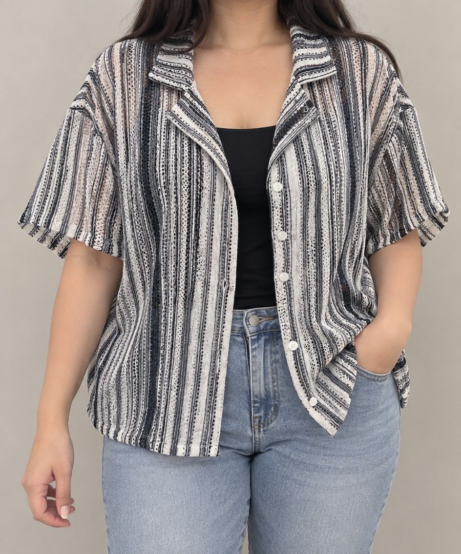 Textured Open-Weave Button-Up Topper (Category: Longsleeves) located in San Mateo. Submitted by sellbypelle (Listing ID 1464248402, Image 1). Description: Thifted🌸 W: 24 inch (48 bust) L : 25 inch Issue : None 📍 Location: Rizal 📦 + sf via J&T only ⏳ No rush shipping 💡 Actual color may vary slightly due to lighting and screen settings..